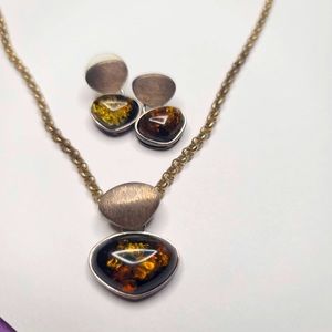Necklace & Earring Set Brushed finish Gold over 925 SS Monika & Co Baltic Amber